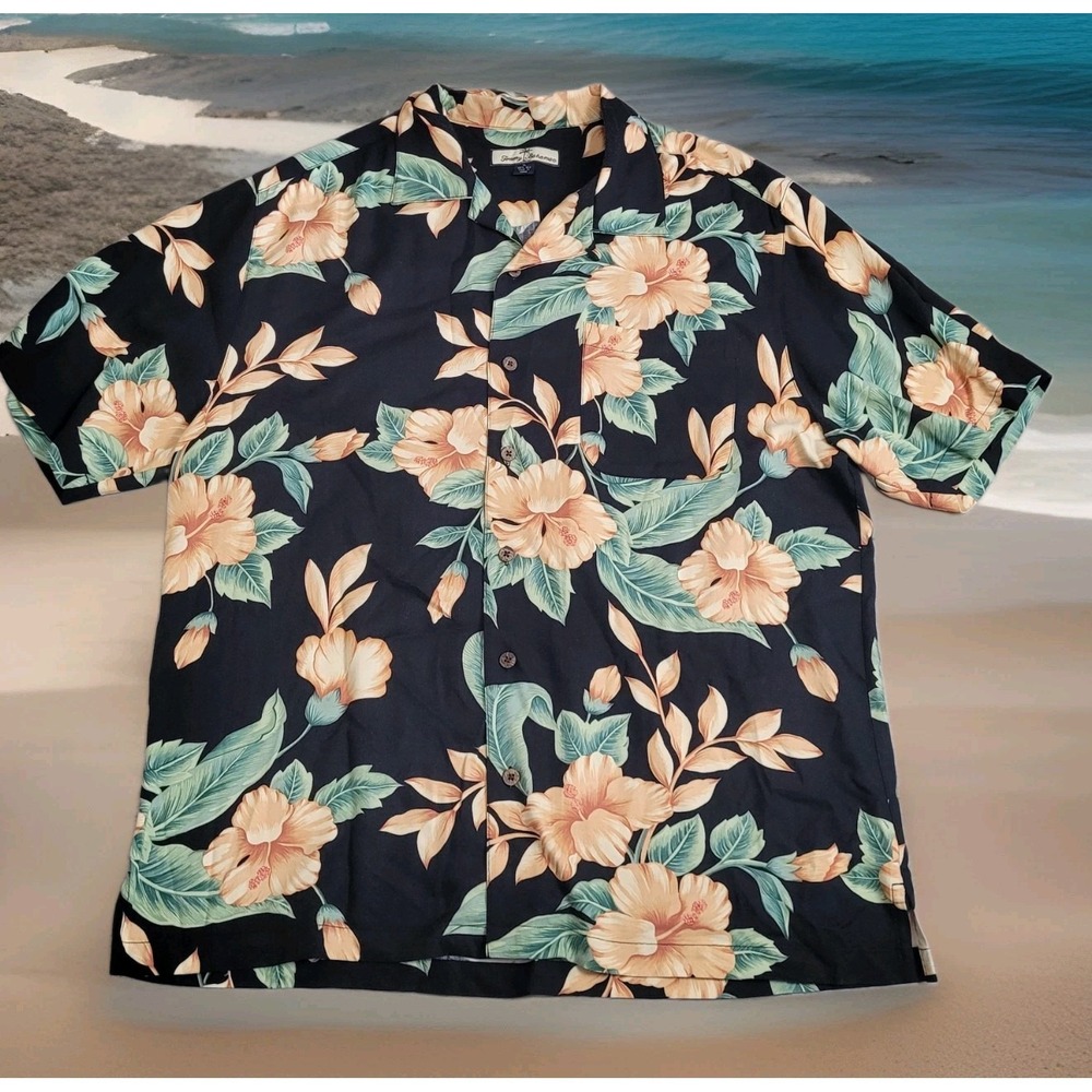 🌴 Tommy Bahama‎ Hawaiian Shirt Mens XL Black Floral Camp 100% Silk Aloha Resort